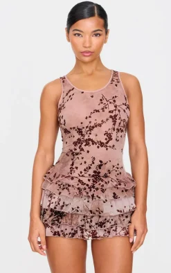 Brown Devore Mesh Rara Skort Romper