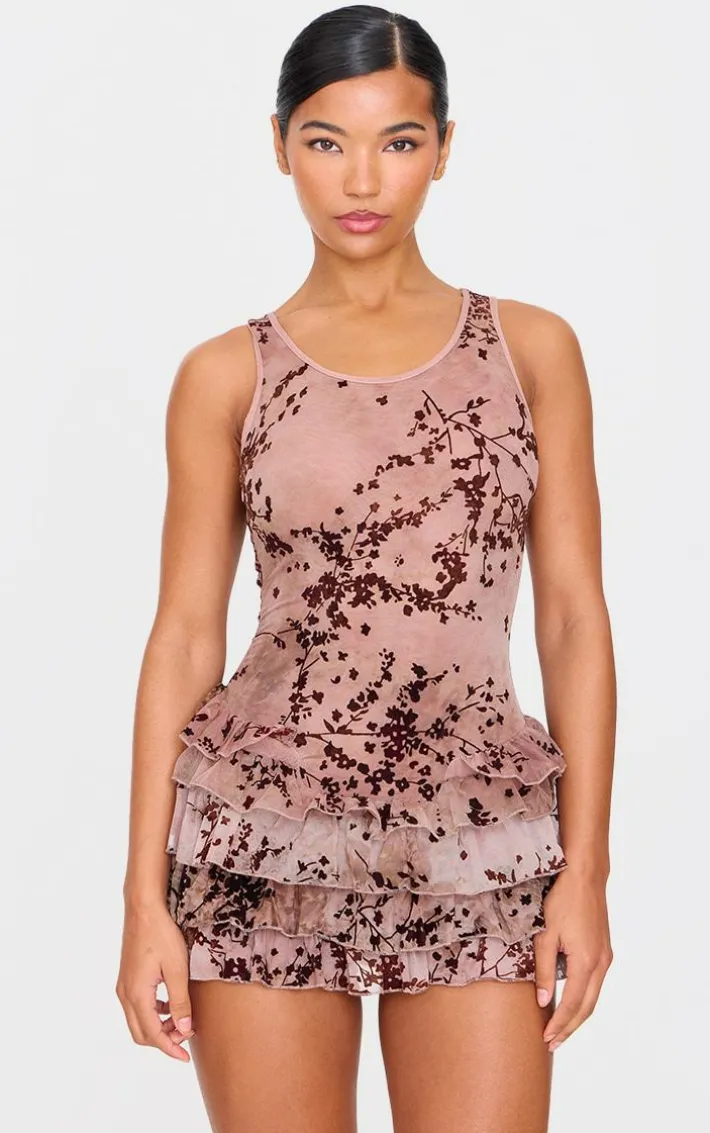 Brown Devore Mesh Rara Skort Romper