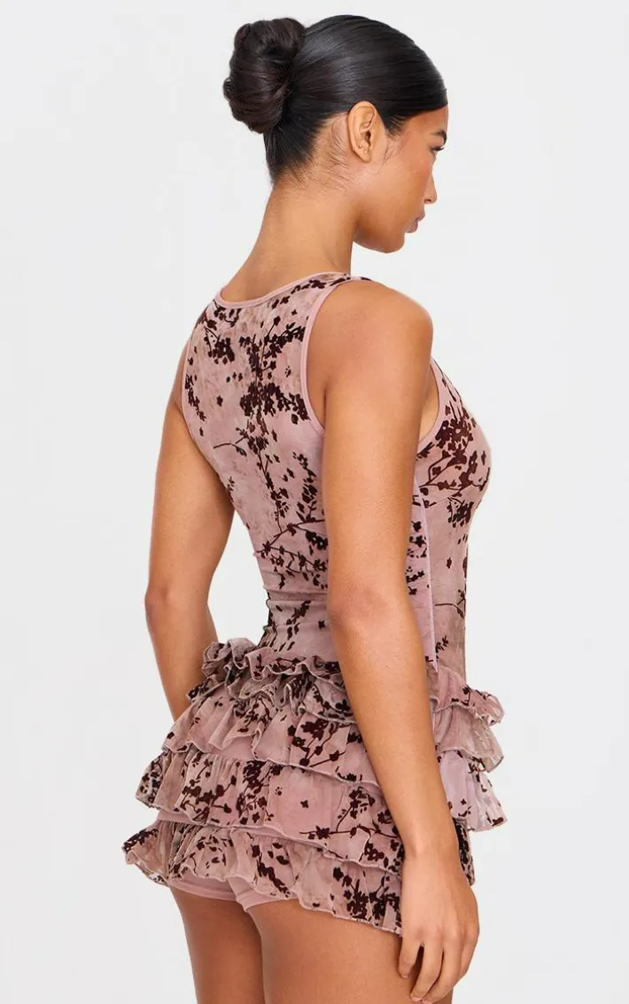 Brown Devore Mesh Rara Skort Romper