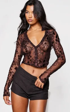 Brown Devore Plunge Neck Collar Long Top