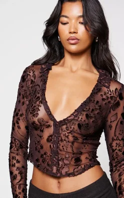 Brown Devore Plunge Neck Collar Long Top