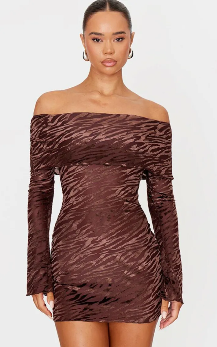 Brown Devore Print Bardot Long Sleeve Mini Dress