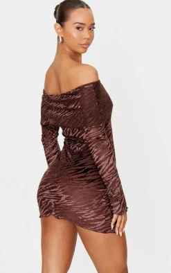 Brown Devore Print Bardot Long Sleeve Mini Dress