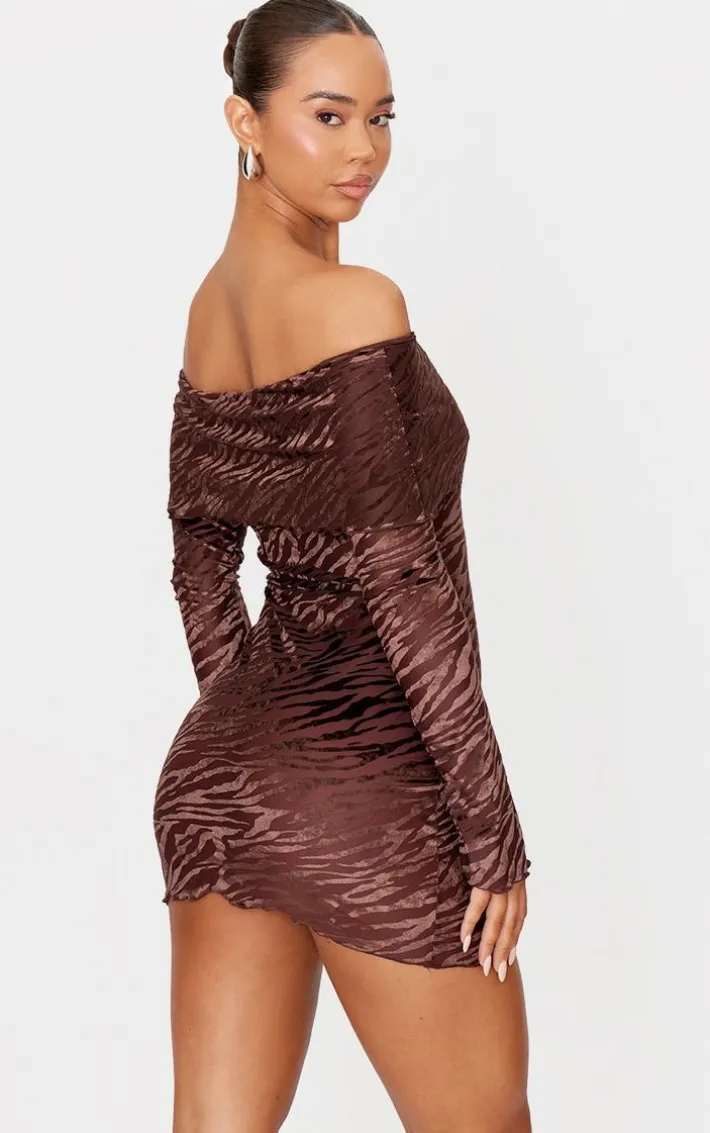 Brown Devore Print Bardot Long Sleeve Mini Dress