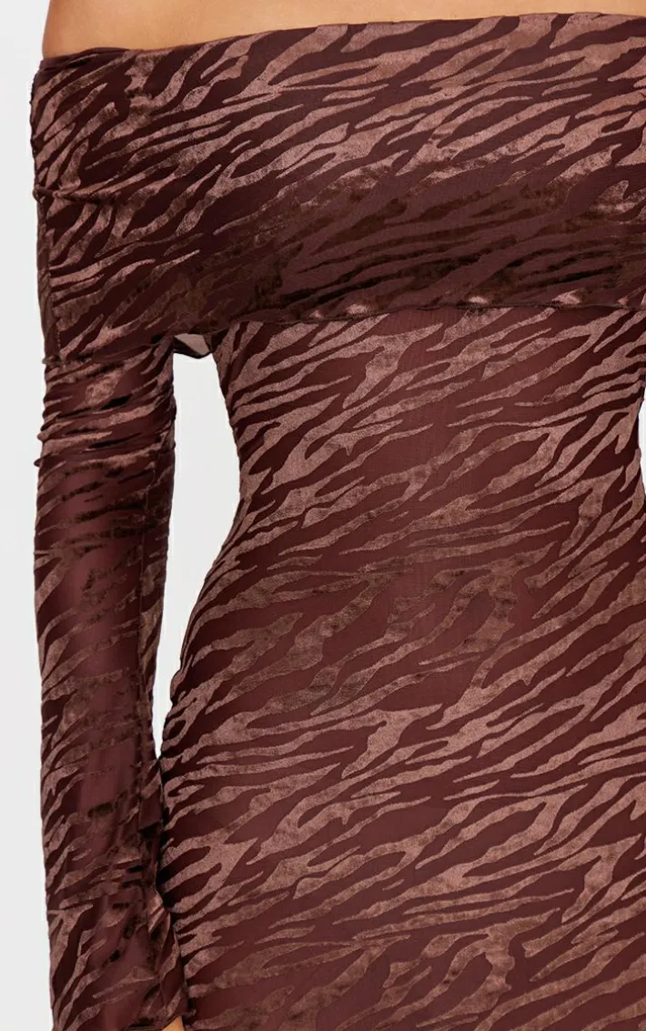 Brown Devore Print Bardot Long Sleeve Mini Dress