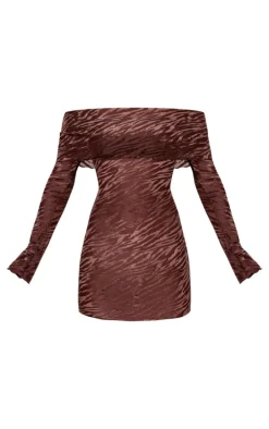 Brown Devore Print Bardot Long Sleeve Mini Dress