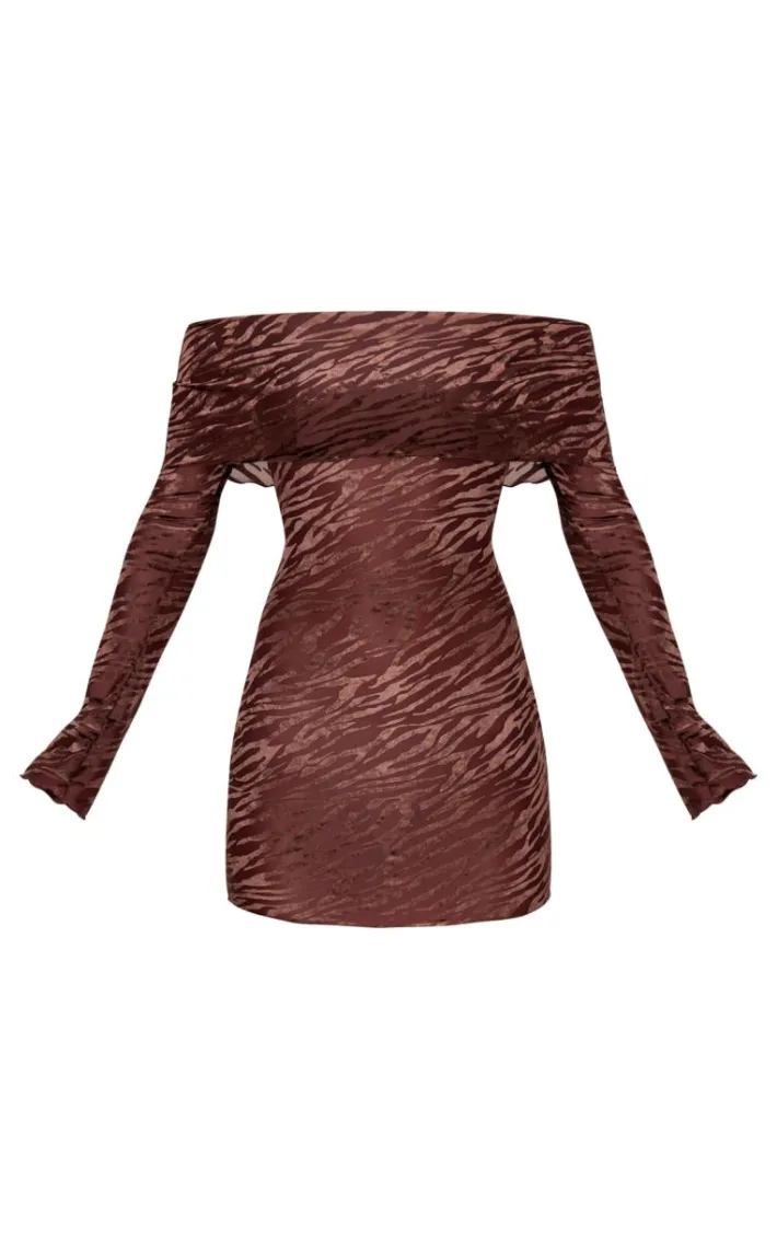 Brown Devore Print Bardot Long Sleeve Mini Dress