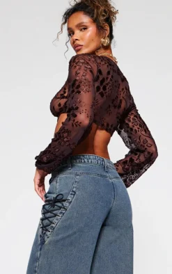 Brown Devore Tie Front Crop Top