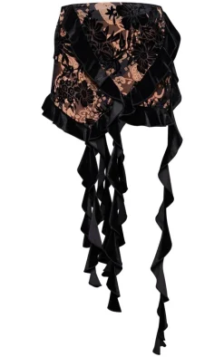 Brown Devore Velvet Ruffle Mini Skirt