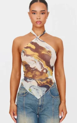 Brown Diamante Mesh Tie Back Handkerchief Top