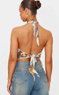 Brown Diamante Mesh Tie Back Handkerchief Top