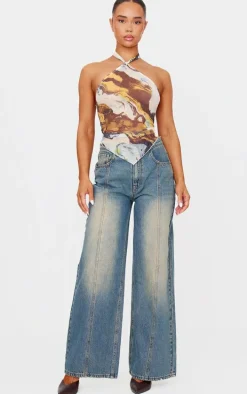 Brown Diamante Mesh Tie Back Handkerchief Top