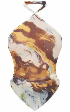 Brown Diamante Mesh Tie Back Handkerchief Top