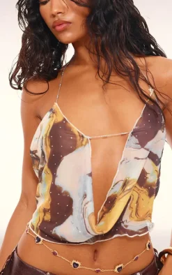 Brown Diamante Mesh Trim Detail Cowl Top