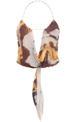 Brown Diamante Mesh Trim Detail Cowl Top