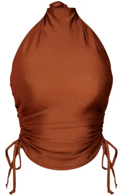 Brown Disco Slinky High Neck Backless Top