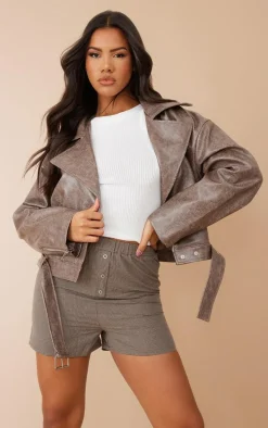 Brown Distressed Faux Leather Relaxed Fit Belted Biker Jacket