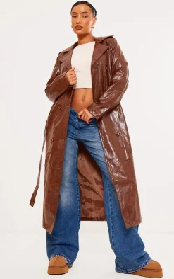 Brown Distressed Faux Leather Double Breasted Trench Coat