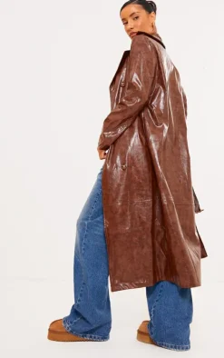 Brown Distressed Faux Leather Double Breasted Trench Coat
