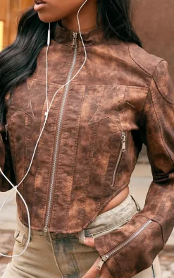 Brown Distressed Faux Leather Star Embroidery Biker Jacket