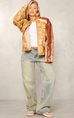 Brown Distressed Faux Leather Contrast Sleeve Biker Jacket