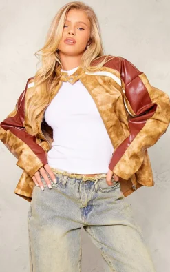 Brown Distressed Faux Leather Contrast Sleeve Biker Jacket