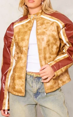 Brown Distressed Faux Leather Contrast Sleeve Biker Jacket