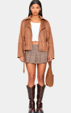 Brown Distressed Faux Leather Belted Biker Jacket