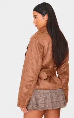 Brown Distressed Faux Leather Belted Biker Jacket