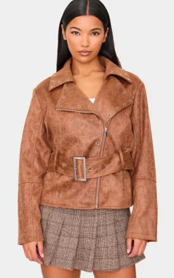 Brown Distressed Faux Leather Belted Biker Jacket