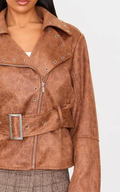 Brown Distressed Faux Leather Belted Biker Jacket