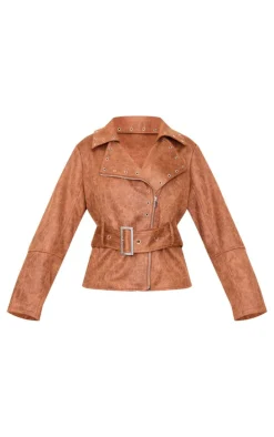 Brown Distressed Faux Leather Belted Biker Jacket