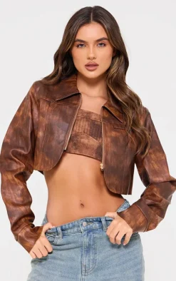 Brown Distressed Faux Leather Curved Hem Cropped Jacket