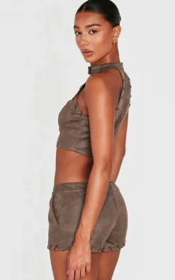 Brown Distressed Faux Suede Eyelet Zip Up Top