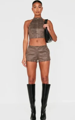 Brown Distressed Faux Suede Eyelet Hotpants