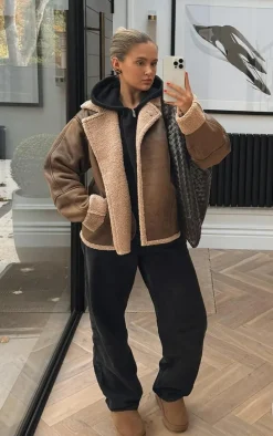 Brown Distressed Look Faux Leather Borg Lined Aviator Jacket