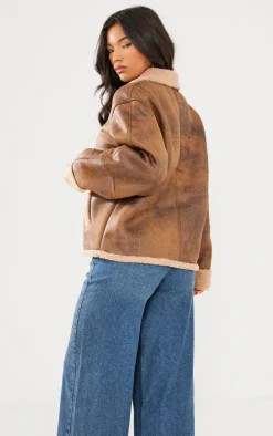 Brown Distressed Look Faux Leather Borg Lined Aviator Jacket