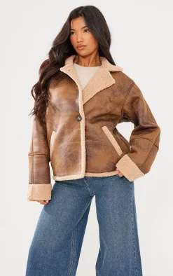 Brown Distressed Look Faux Leather Borg Lined Aviator Jacket