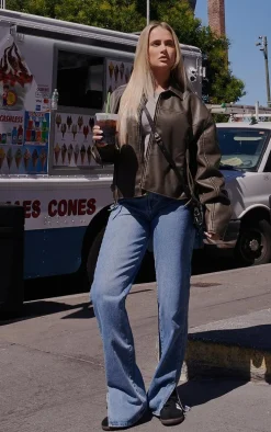 Brown Distressed Look Zip Boxy Trim Detail Biker Jacket