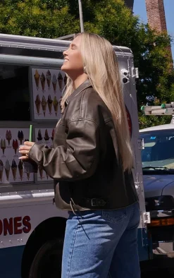 Brown Distressed Look Zip Boxy Trim Detail Biker Jacket