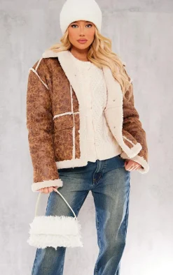 Brown Distressed Pu Borg Detail Collared Jacket