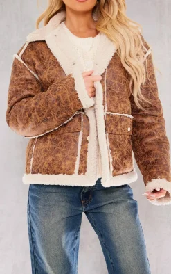 Brown Distressed Pu Borg Detail Collared Jacket