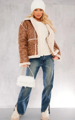 Brown Distressed Pu Borg Detail Collared Jacket