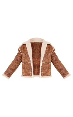 Brown Distressed Pu Borg Detail Collared Jacket