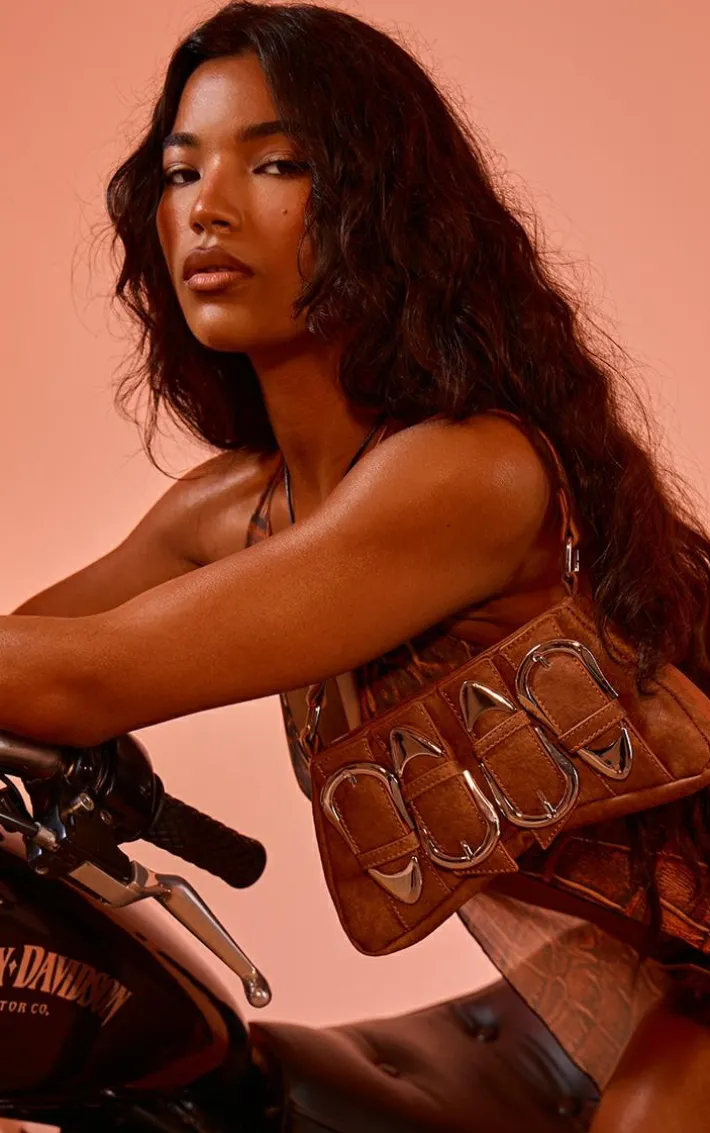 Brown Distressed PU Buckle Baguette Shoulder Bag