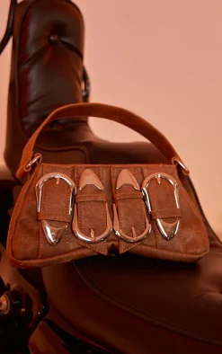 Brown Distressed PU Buckle Baguette Shoulder Bag