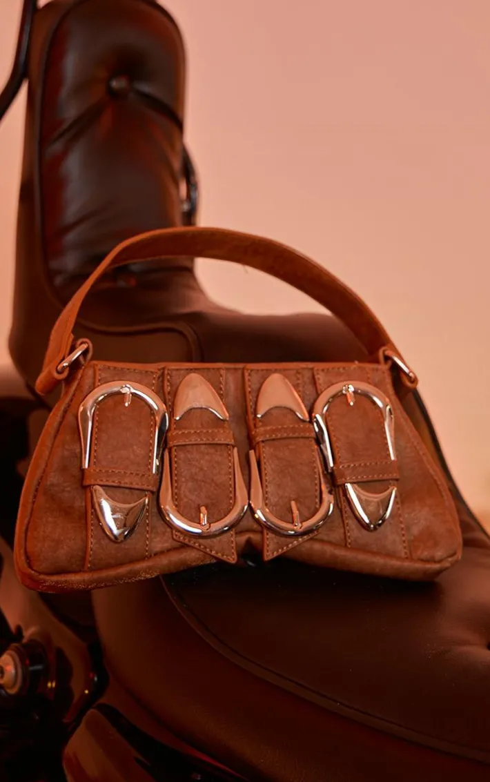 Brown Distressed PU Buckle Baguette Shoulder Bag