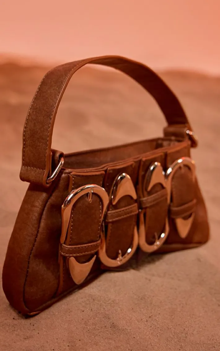Brown Distressed PU Buckle Baguette Shoulder Bag