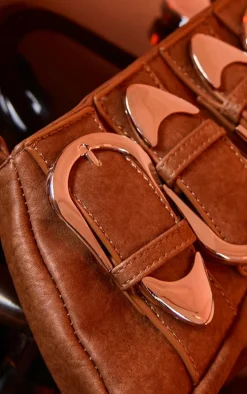 Brown Distressed PU Buckle Baguette Shoulder Bag