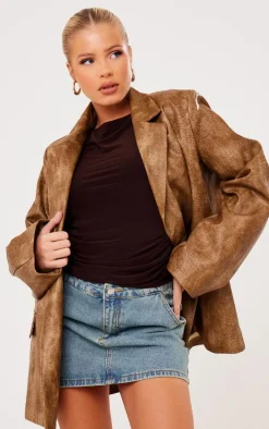 Brown Distressed PU Oversized Shoulder Pad Blazer